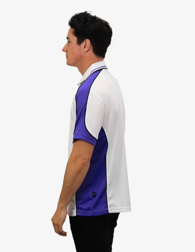 A white and purple polo shirt with a logo, displayed on a model from the side.
