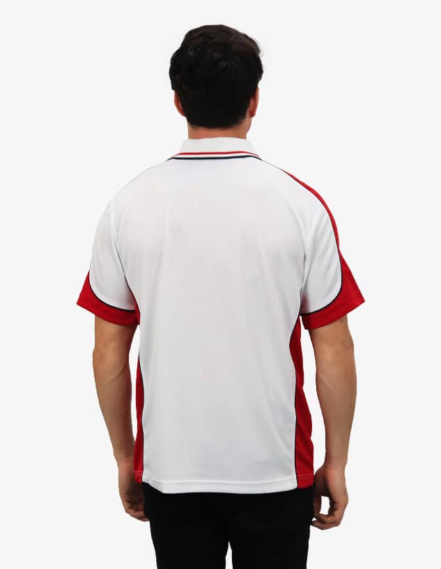A polo shirt featuring a white body with red sleeves and accents, displaying a logo on the back.