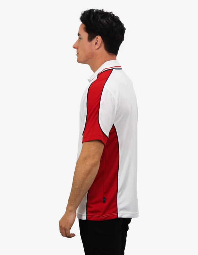 A polo shirt in white with red and black accents, featuring a small logo on the lower side.