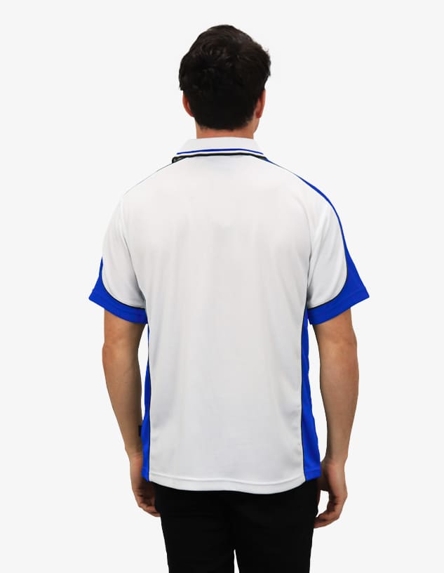 A polo shirt in white with blue accents, featuring a logo on the front. The image shows the back view.