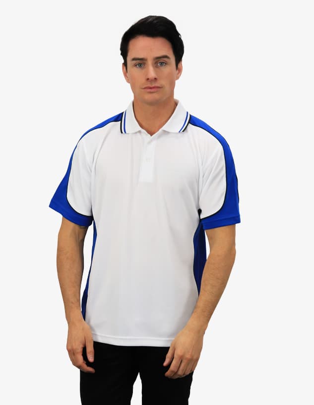 A polo shirt featuring a predominantly white body with blue accents and a logo. The shirt has a classic collar and short sleeves.