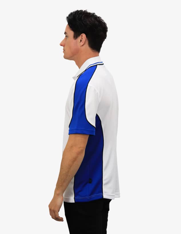 A polo shirt featuring a white body with blue side panels and a logo on the front.