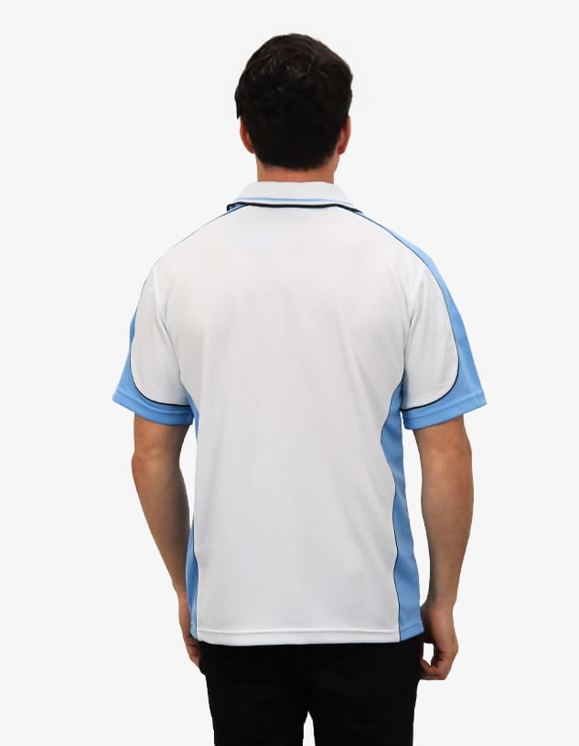 A polo shirt featuring a white body with light blue accents, viewed from the back. It has a logo on it.
