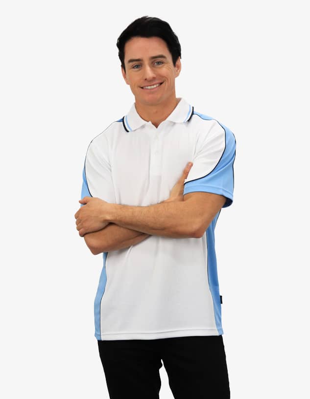 A polo shirt in white with light blue accents, featuring a logo on the front.