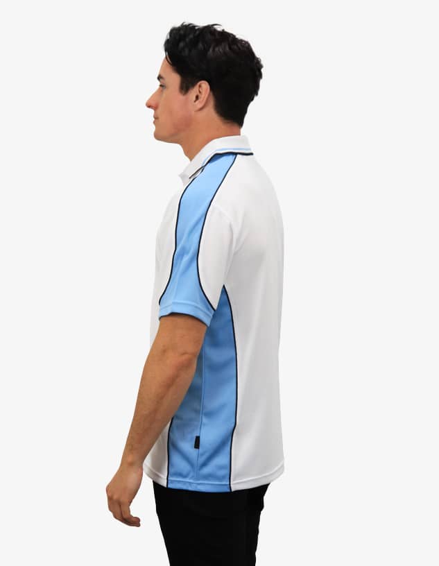 A white polo shirt with blue accents and black detailing. It features a branding logo on the fabric.