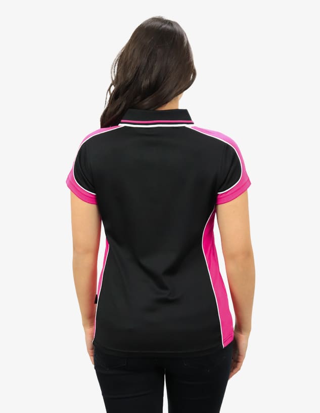 A black and pink polo shirt featuring a logo on the back, styled with short sleeves and a collar.
