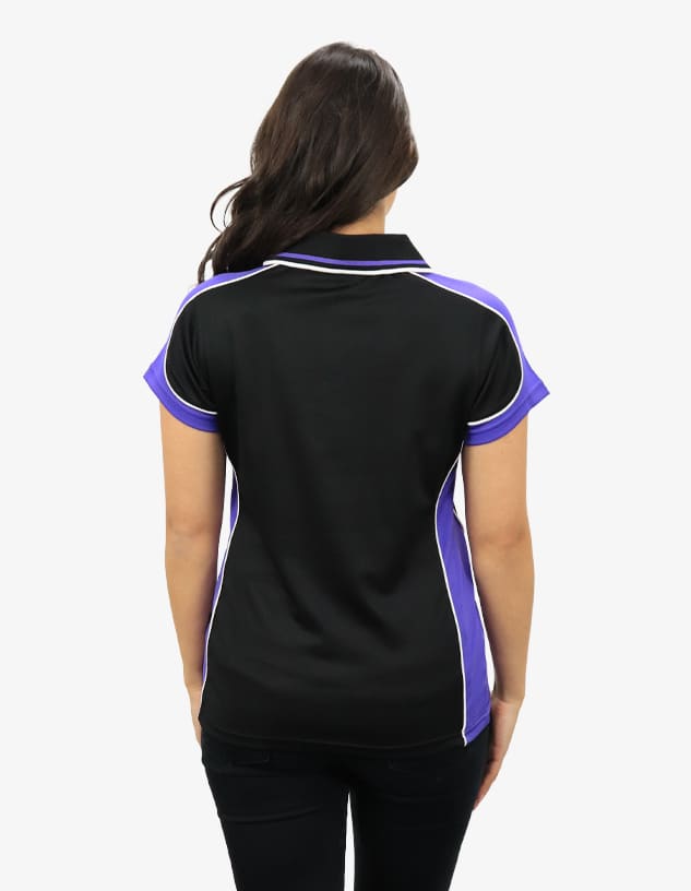 A black and purple polo shirt with contrasting trim and a logo on the back.