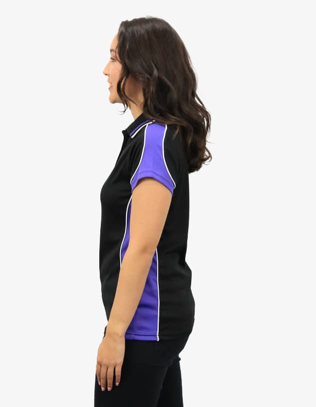 A black polo shirt with purple sleeves and white detailing, featuring a logo on the chest.