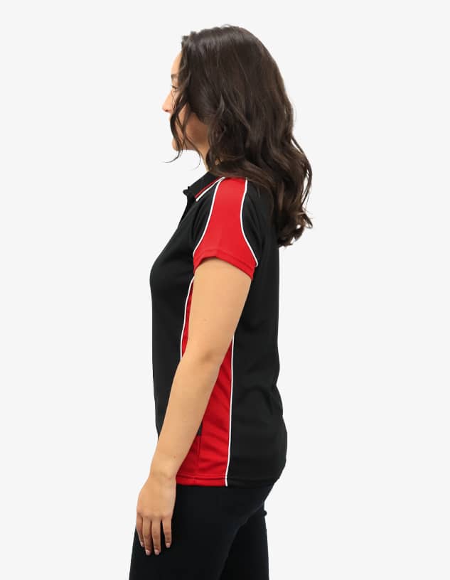 A black and red polo shirt with a logo, featuring short sleeves and contrasting side detailing.