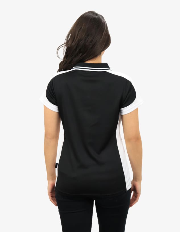 A black and white polo shirt featuring a well-fitted design and a branded logo on the front.