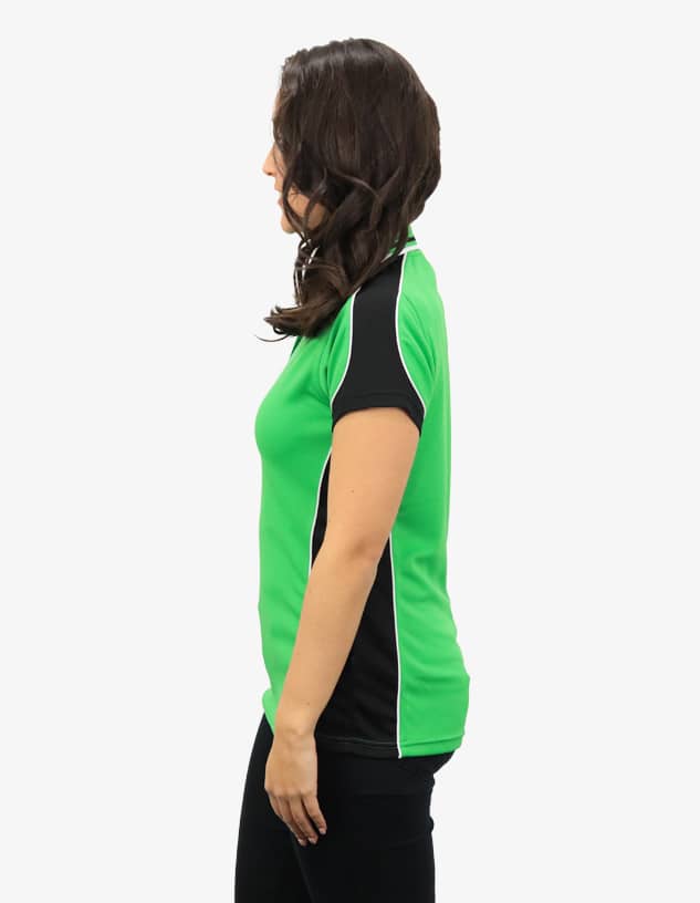 A polo shirt in vibrant green with black accents and a logo on the front.