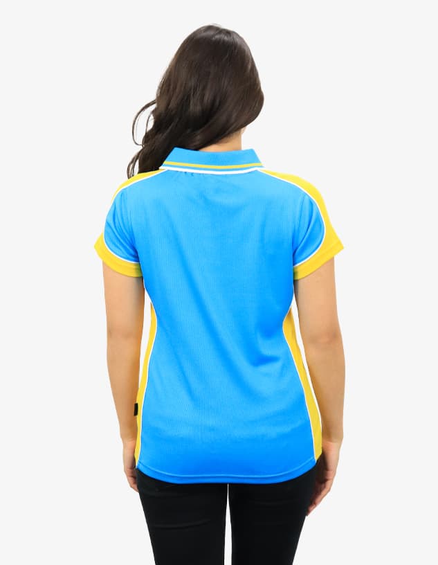 A polo shirt in blue with yellow accents, featuring a small logo on the back.