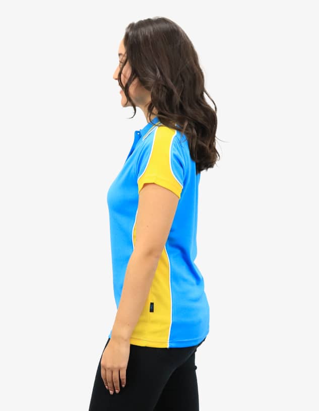 A side view of a blue and yellow polo shirt with a logo. The shirt features short sleeves and a fitted design.