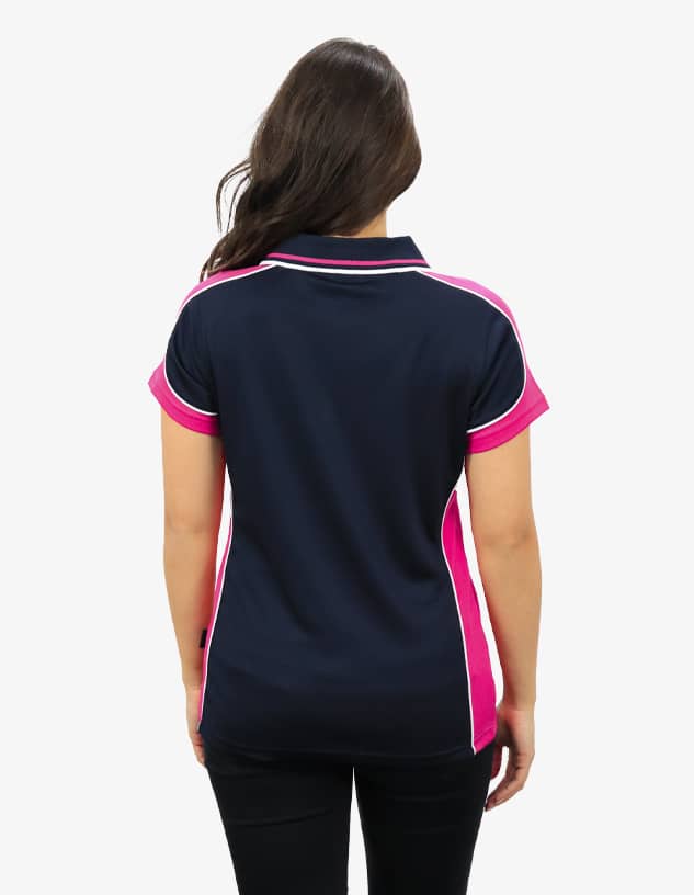 A navy and pink polo shirt featuring short sleeves and a branded logo.
