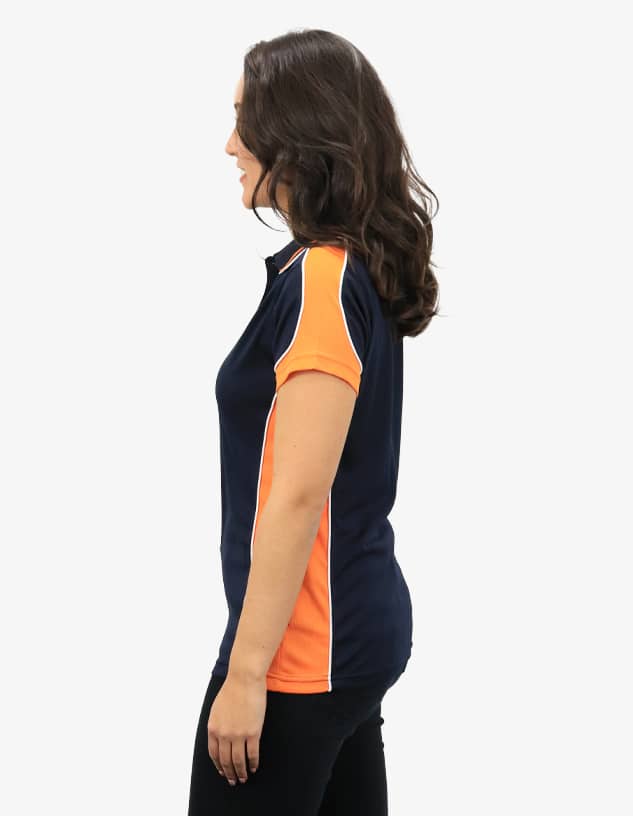 A polo shirt in navy blue with orange accents, featuring a branding logo.