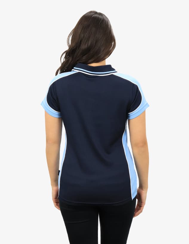 A navy blue and light blue polo shirt with short sleeves and a logo on the back.