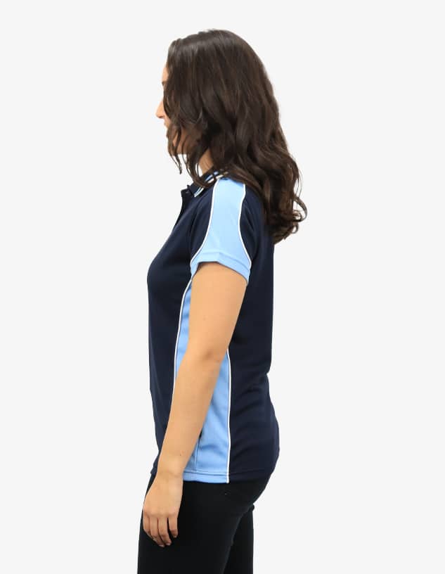 A navy blue polo shirt with light blue accents and a logo on the chest, displayed on a model from the side.
