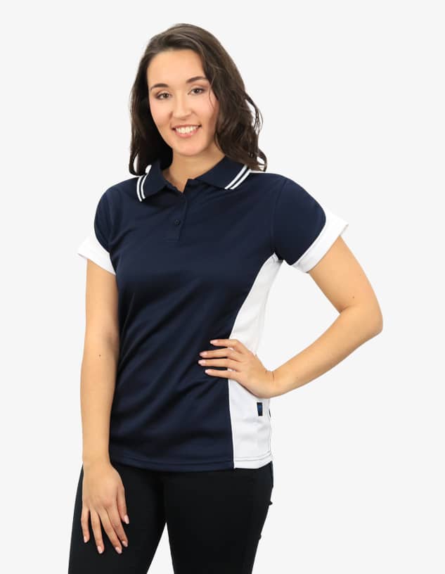 A navy blue polo shirt with white accents, featuring a logo and a collared neckline.