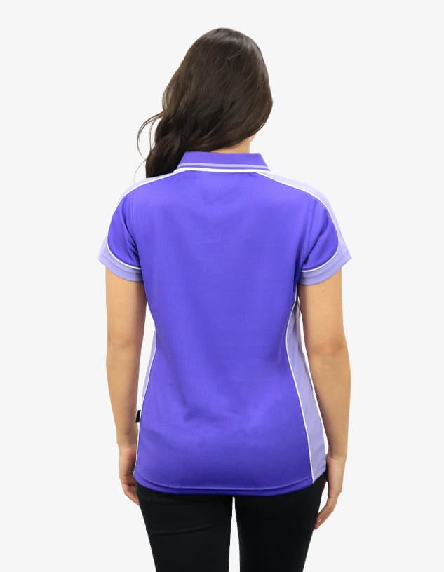 A purple polo shirt with contrasting white panels, featuring a logo on the back.