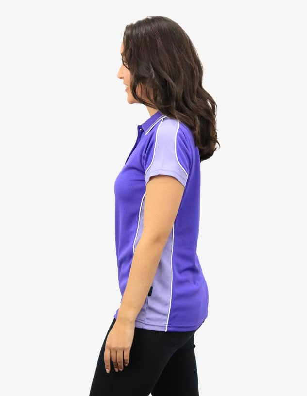 A purple polo shirt with contrasting light purple details, featuring a logo on the chest.
