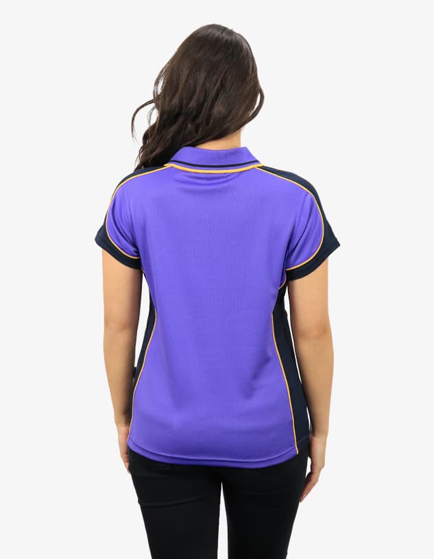 A polo shirt featuring purple and navy colours, with contrasting trim and a logo on the back.
