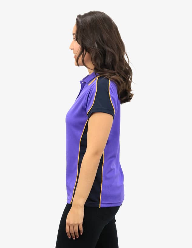 A purple polo shirt with black sides and yellow detailing, featuring a logo on the chest.