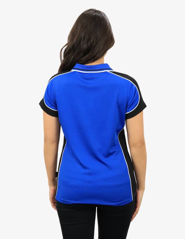 A blue and black polo shirt with contrasting side panels and a collar, featuring a logo on the back.