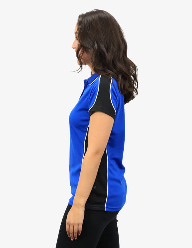 A blue and black polo shirt with a logo, featuring short sleeves and a side view of a model.