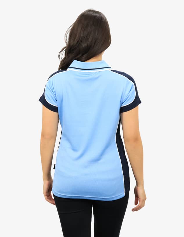 A blue and navy polo shirt featuring a stylish design and a logo on the back.