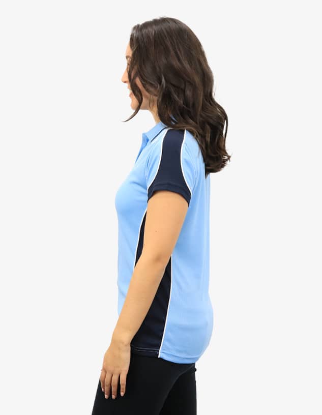 A light blue polo shirt with navy accents, featuring a logo on the chest area.