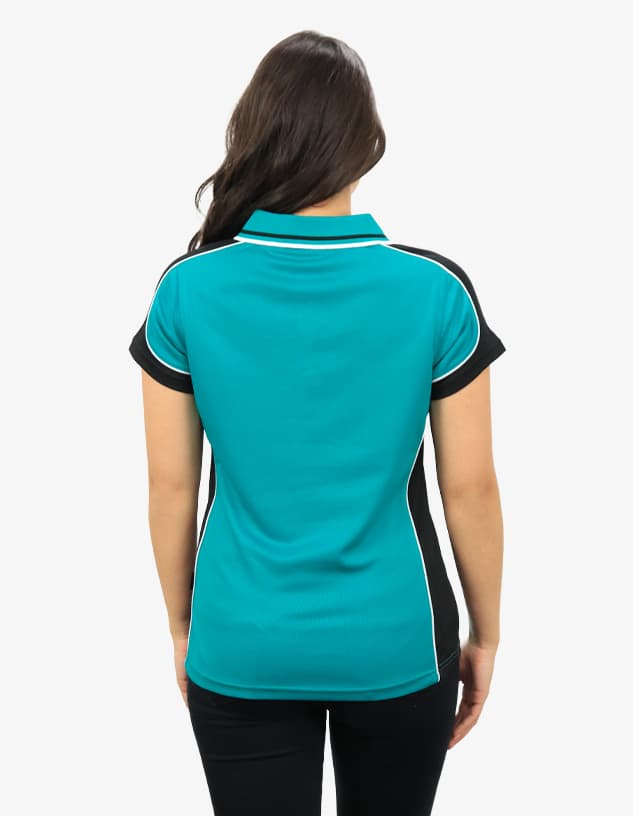 A polo shirt in turquoise and black with a contrasting design, featuring a collar and short sleeves.