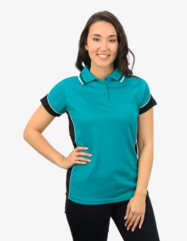 A polo shirt in teal with black accents, featuring a logo on the chest and stylised collar.