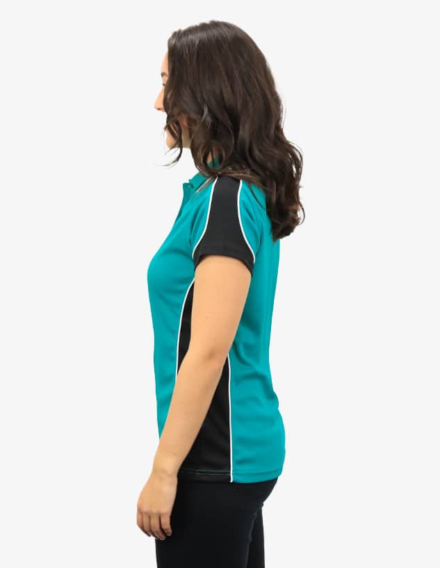 A polo shirt in teal with black accents, featuring a logo on the front.