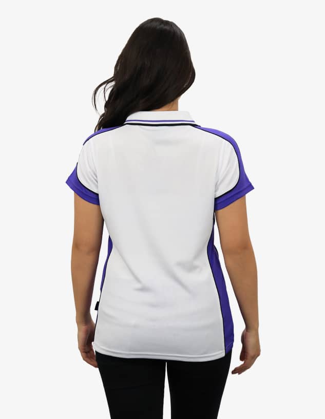 A women's polo shirt featuring a white body with purple accents, designed with a branded logo on the back.