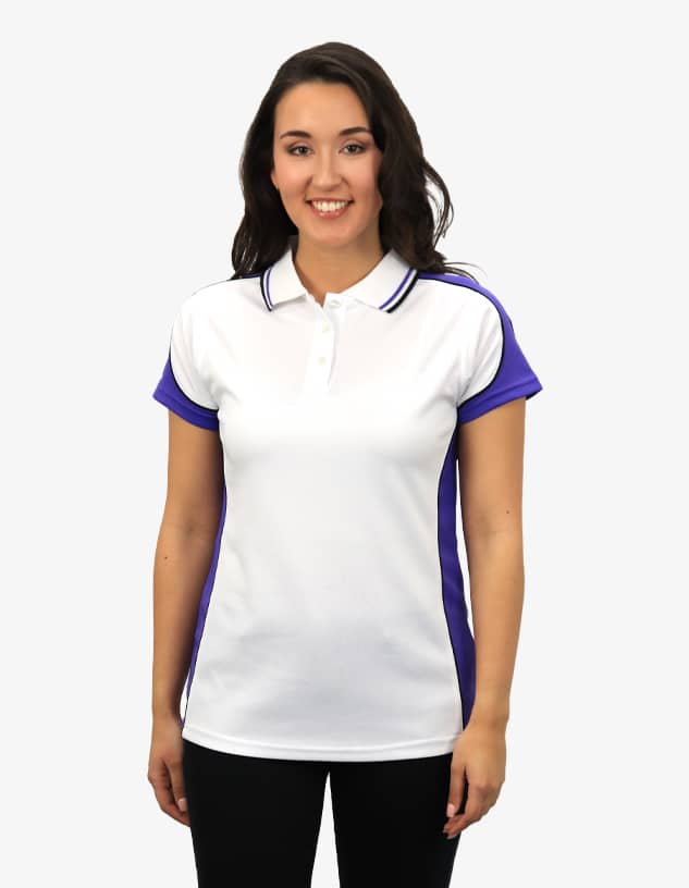 A polo shirt in white with purple accents, featuring a collar and short sleeves, displayed on a model.