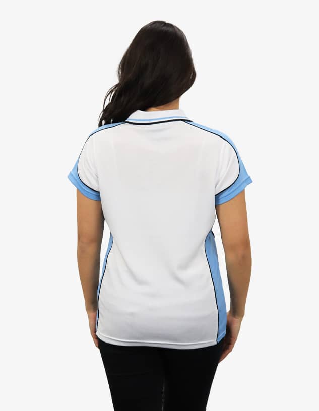 A polo shirt in white and light blue, featuring a logo, viewed from the back.