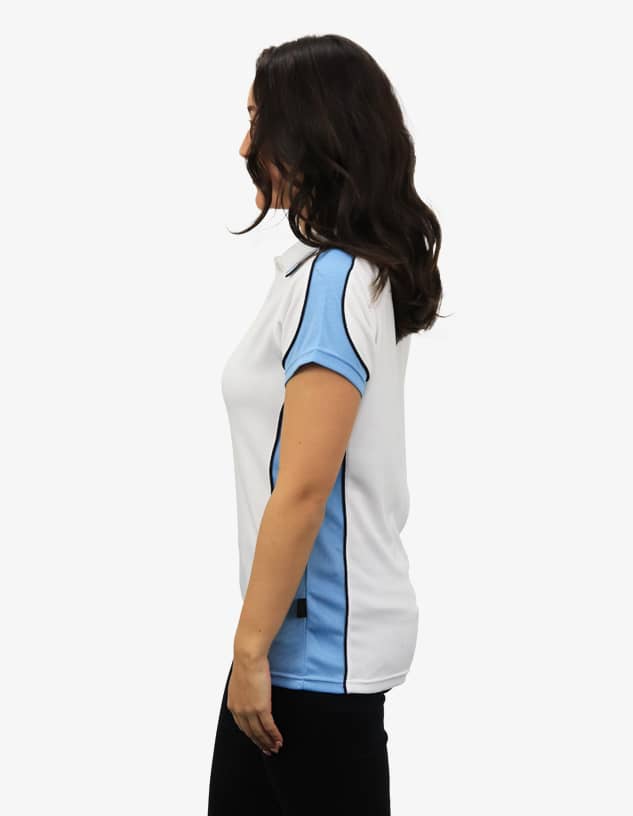 A polo shirt in white with light blue accents and a logo, displayed from the side.