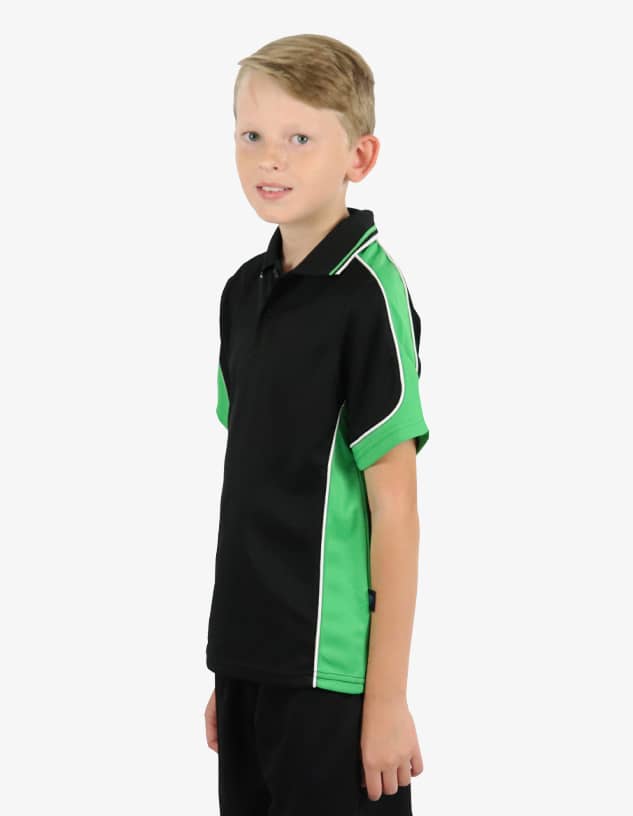 A black and green polo shirt for children featuring short sleeves and a logo on the chest.