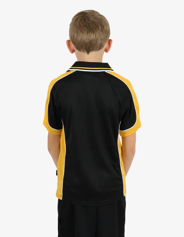 A black and yellow polo shirt with contrasting trim, featuring a logo on the back.