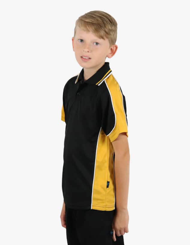 A black and yellow polo shirt with contrasting stripes and a logo on the chest, worn by a child.