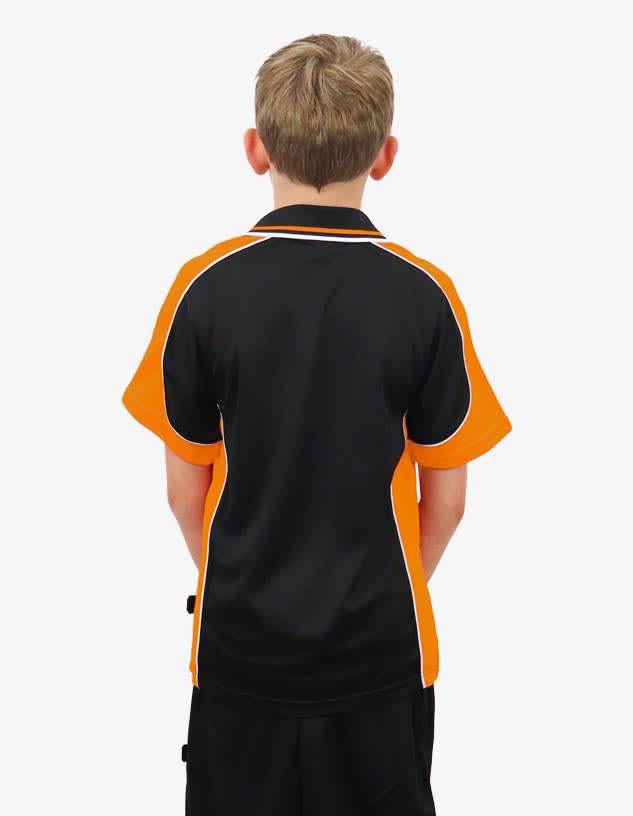 A polo shirt featuring a black body with orange sleeves and white accents, shown from the back. It has a logo on the upper back.