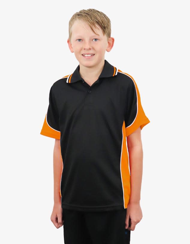A black and orange polo shirt with short sleeves and a logo. Suitable for casual or sportswear.