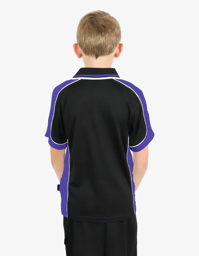 A black polo shirt with purple accents, featuring a logo, worn by a child from the back.
