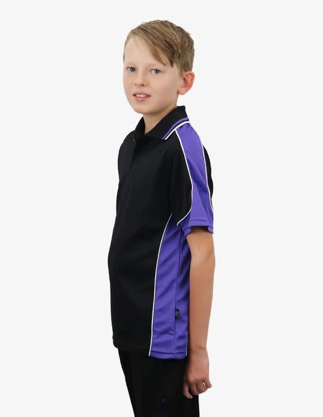 A black and purple polo shirt with contrasting white stripes, modelled by a child. The shirt features a logo.