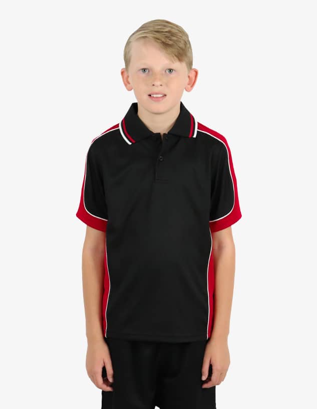 A black polo shirt with red detailing, featuring a logo on the chest and a classic collar design.