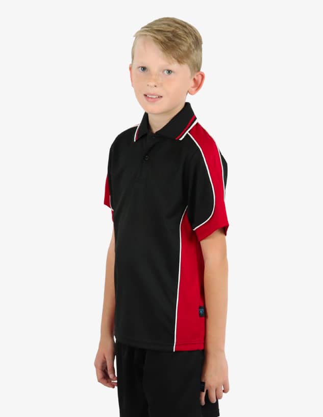 A black polo shirt with red accents and white piping, featuring a logo on the chest.