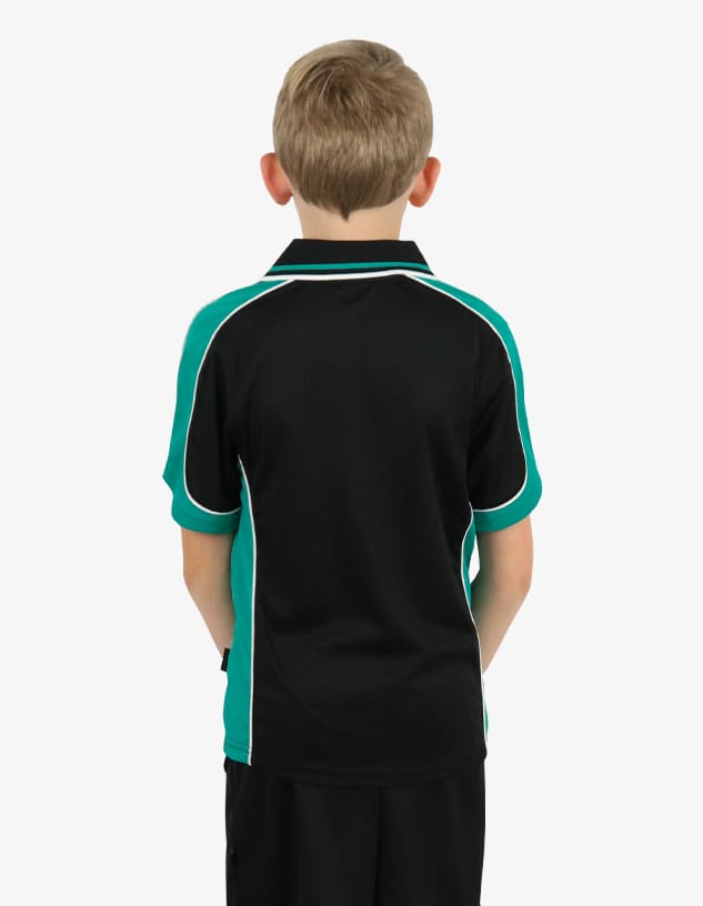 A polo shirt in black with turquoise detailing, featuring a branded logo on the back.
