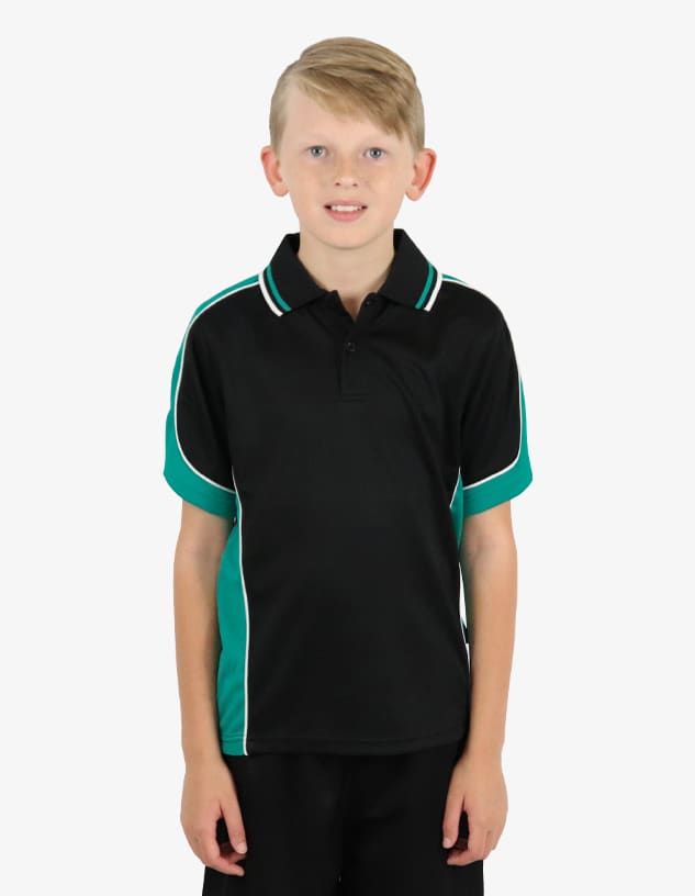 A black polo shirt with teal accents, featuring a collar and a logo.