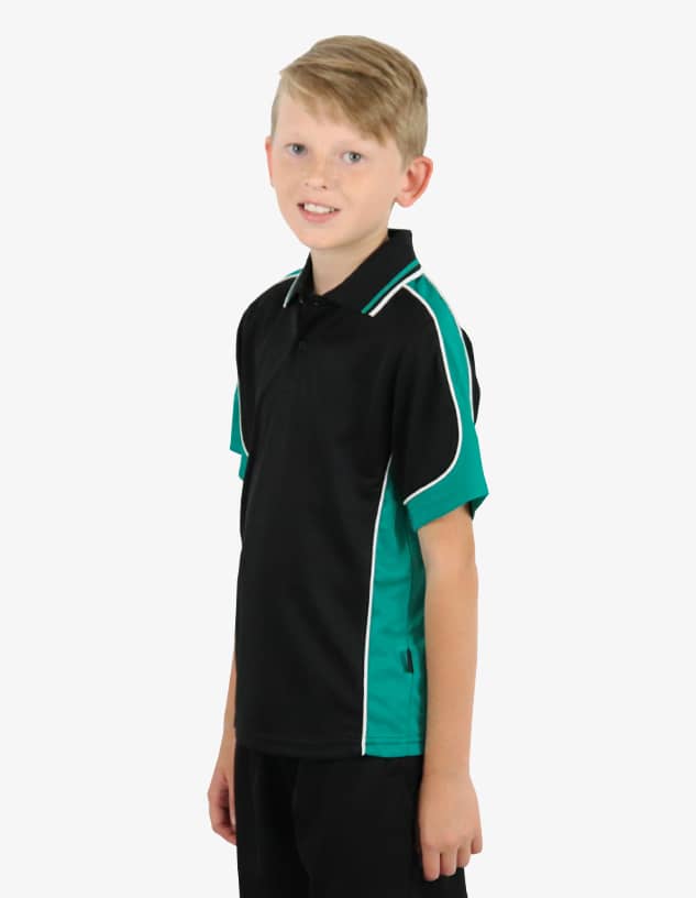 A polo shirt in black and teal with short sleeves, featuring contrasting trims and a logo.