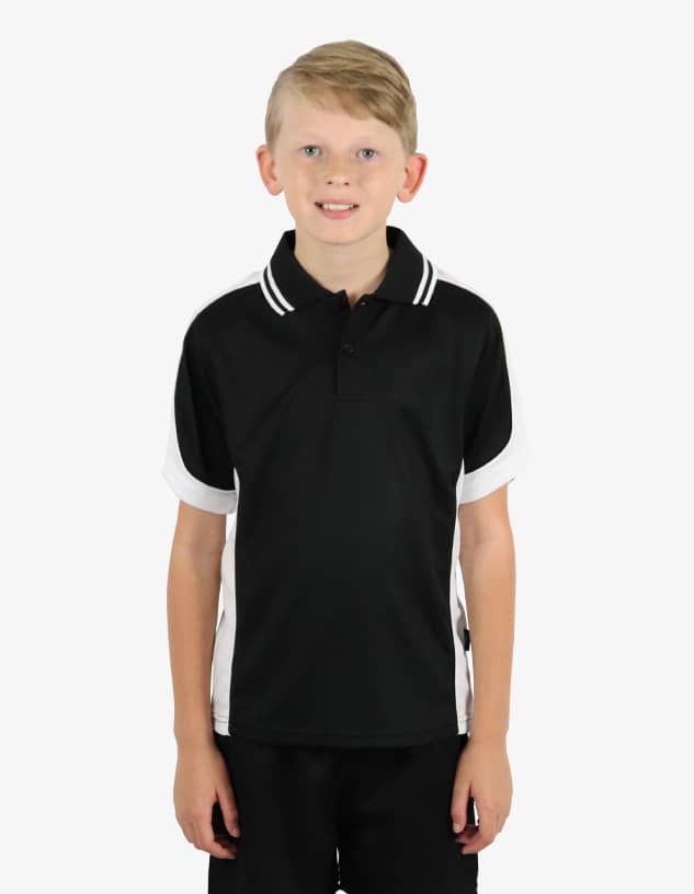 A black polo shirt with white details, featuring a collar and a logo on the chest.